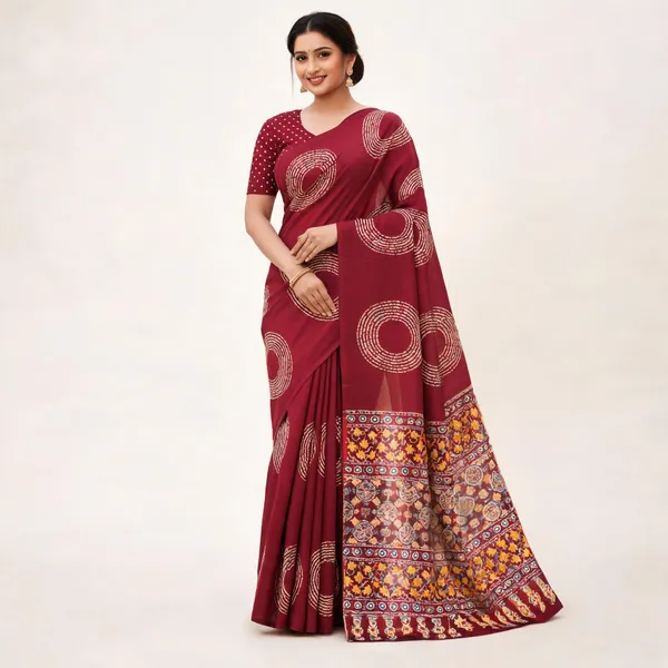Maroon_Pure_Cotton_Printed_Saree_With_Blouse_For_Women