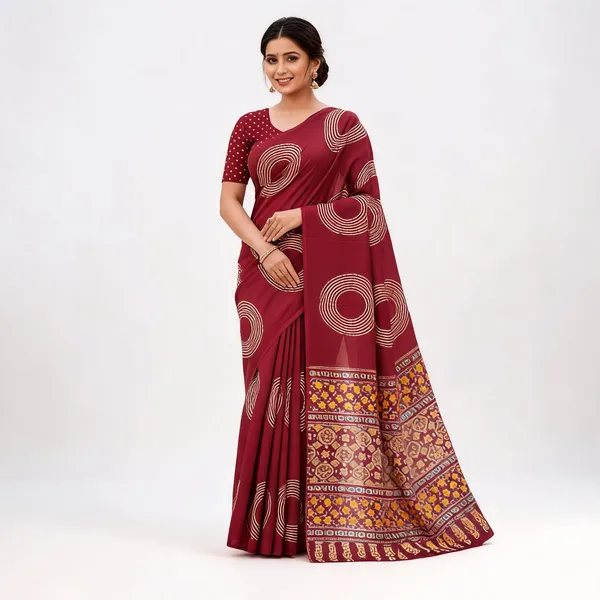 Maroon_Pure_Cotton_Printed_Saree_With_Blouse_For_Women