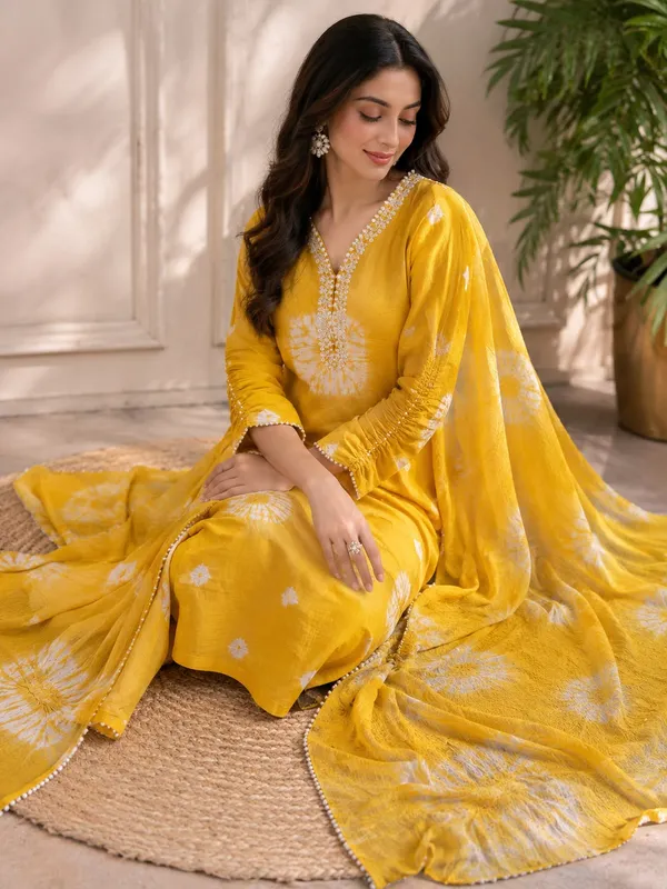 Yellow_Bandhani_Straight_Unstitched_Suit_Set_For_Women