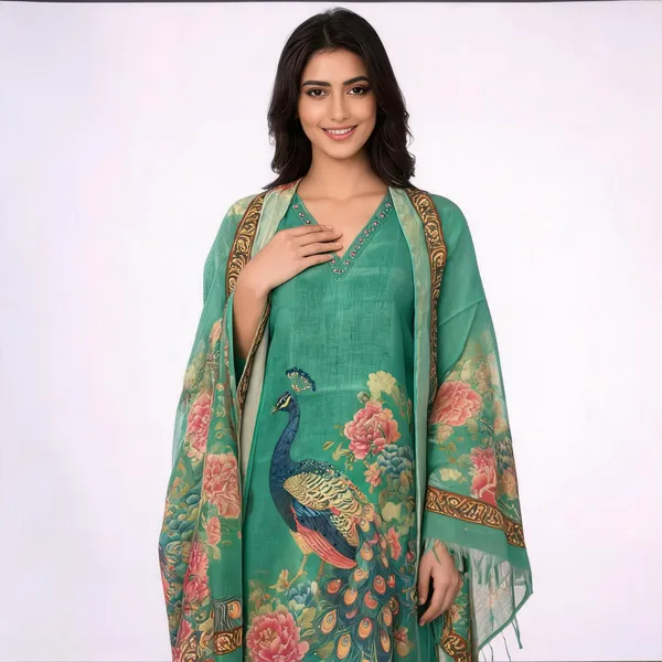 Teal_Tussar_Cotton_Unstitched_Suit_Set_For_Women