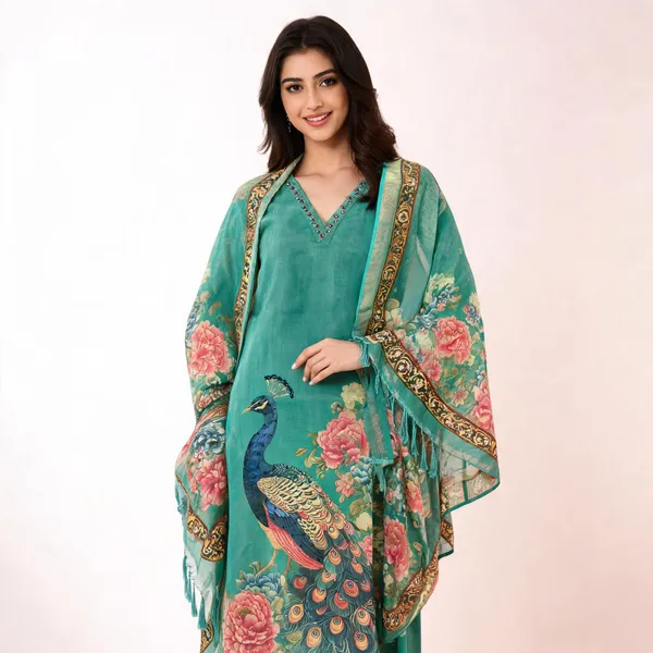 Teal_Tussar_Cotton_Unstitched_Suit_Set_For_Women