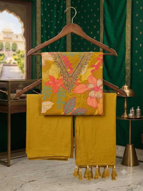 mustard_Floral_print_with_zari_neckline_unstitched_suit_piece