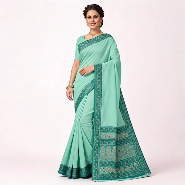 Aqua_Green_Pure_Cotton_Saree_With_Blouse_For_Women