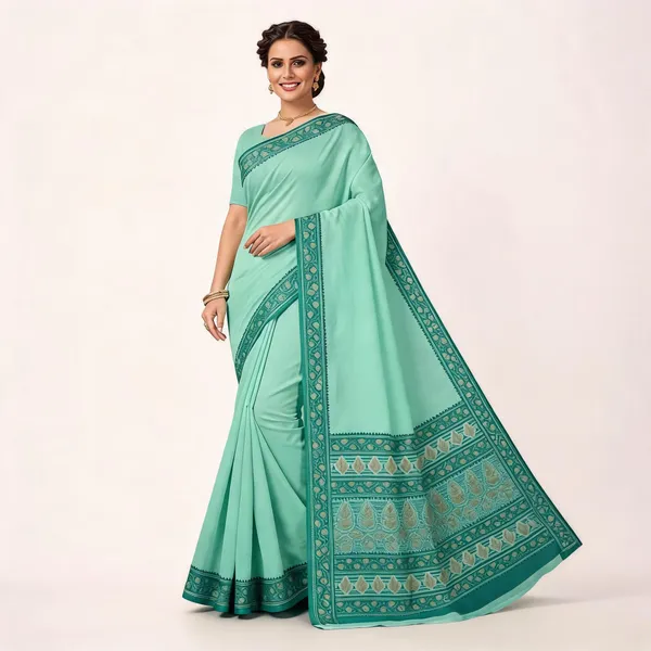Aqua_Green_Pure_Cotton_Saree_With_Blouse_For_Women