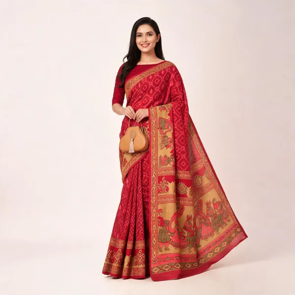 Red_Pure_Cotton_Printed_Saree_With_Blouse_For_Women
