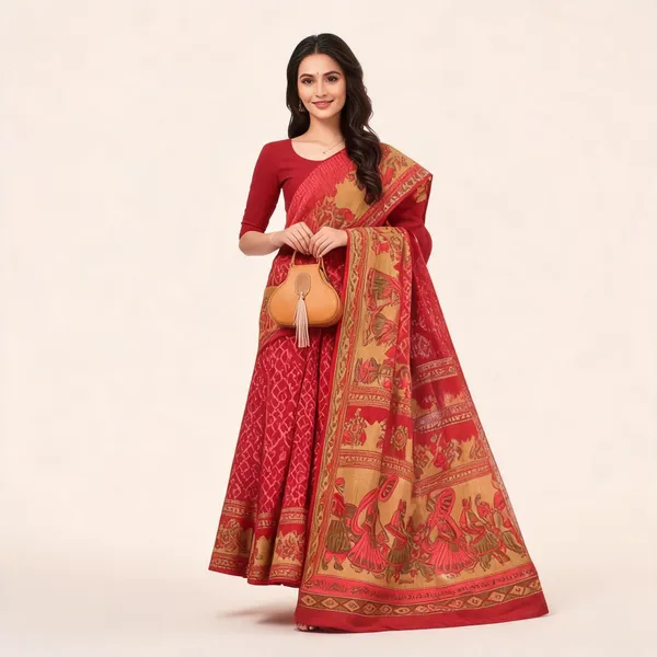 Red_Pure_Cotton_Printed_Saree_With_Blouse_For_Women