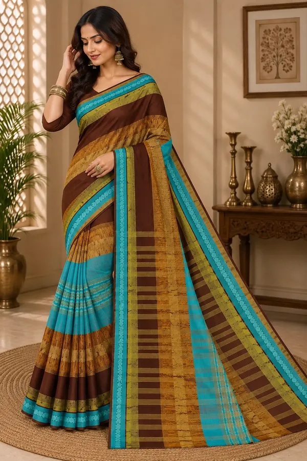Brown_Turquoise_Cotton_Woven_Striped_Saree