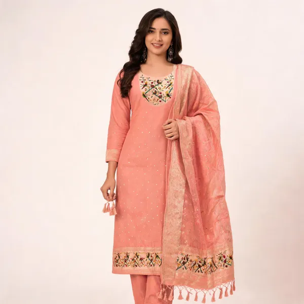 Peach_Pathani_Silk_Straight_Unstitched_Suit_Set_For_Women