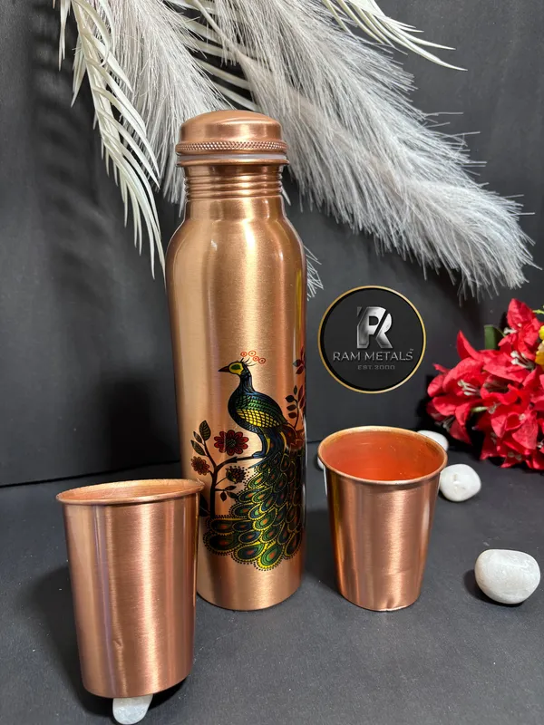 Copper_Peacock_Print_Bottle_Set_With_2_Glasses_gift_set