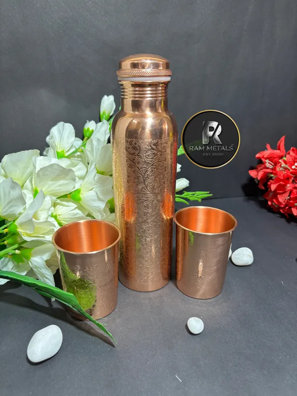 Copper_Floral_Embossed_Water_Bottle_And_Glass_Set_Gift_Set