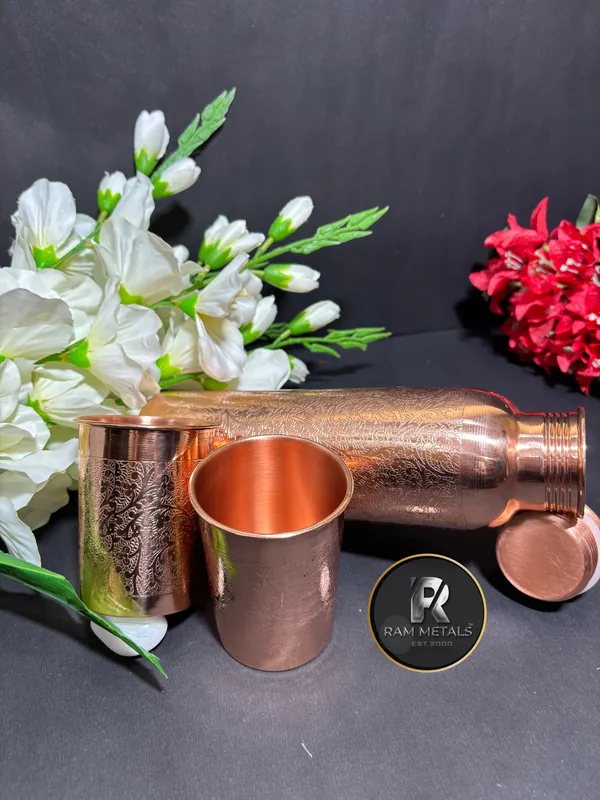 Copper_Floral_Embossed_Water_Bottle_And_Glass_Set_Gift_Set