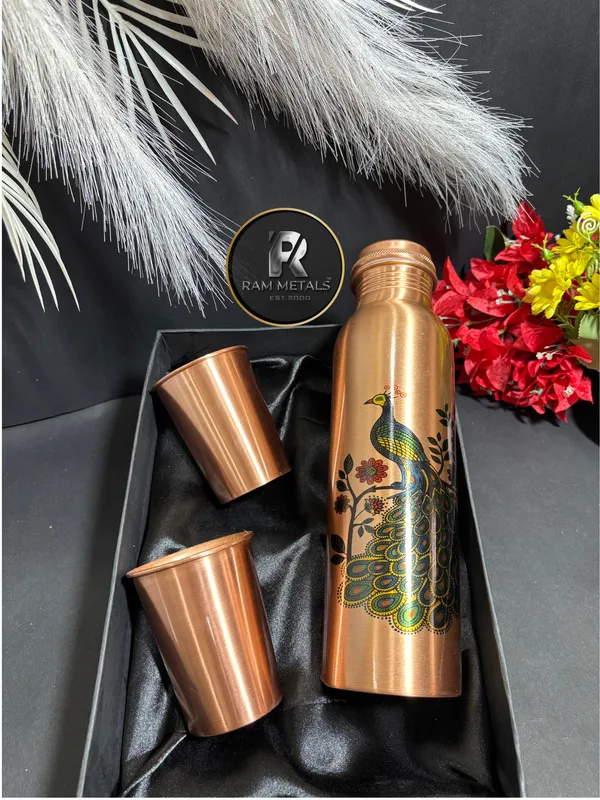 Copper_Peacock_Print_Bottle_Set_With_2_Glasses_gift_set