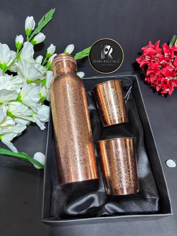 Copper_Floral_Embossed_Water_Bottle_And_Glass_Set_Gift_Set