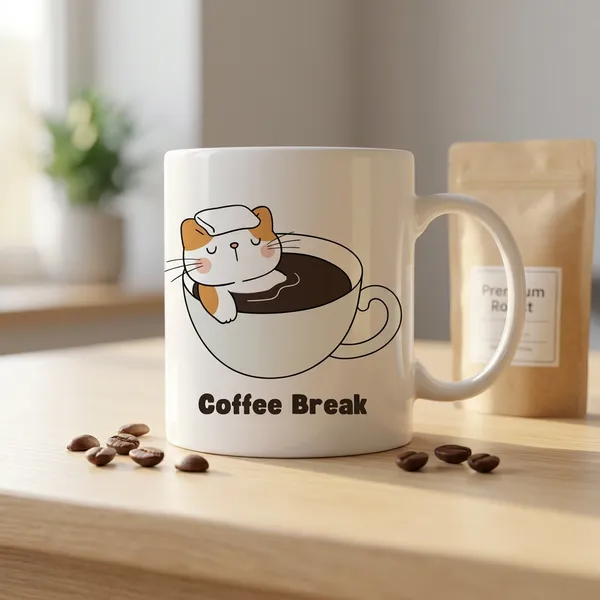 White_Coffee_Break_Cat_Print_Mug