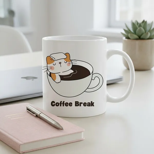 White_Coffee_Break_Cat_Print_Mug