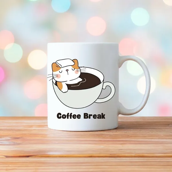 White_Coffee_Break_Cat_Print_Mug