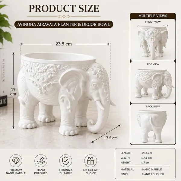 AVINOHA™_Airavata_Nano_Marble_Elephant_Planter_Bowl_for_Home_Decor,_White,_Tulsi_Pot,_Functional_&_Decorative,_23.5_x_17.5_x_17_cm