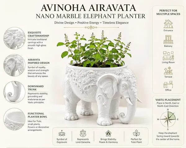 AVINOHA™_Airavata_Nano_Marble_Elephant_Planter_Bowl_for_Home_Decor,_White,_Tulsi_Pot,_Functional_&_Decorative,_23.5_x_17.5_x_17_cm