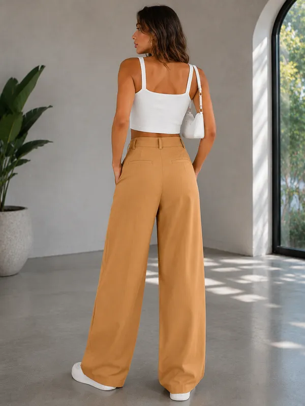 Camel_And_Cream_Polyester_Premium_Pant_For_Women