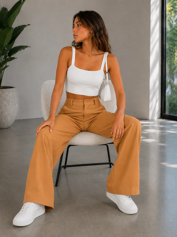Camel_And_Cream_Polyester_Premium_Pant_For_Women