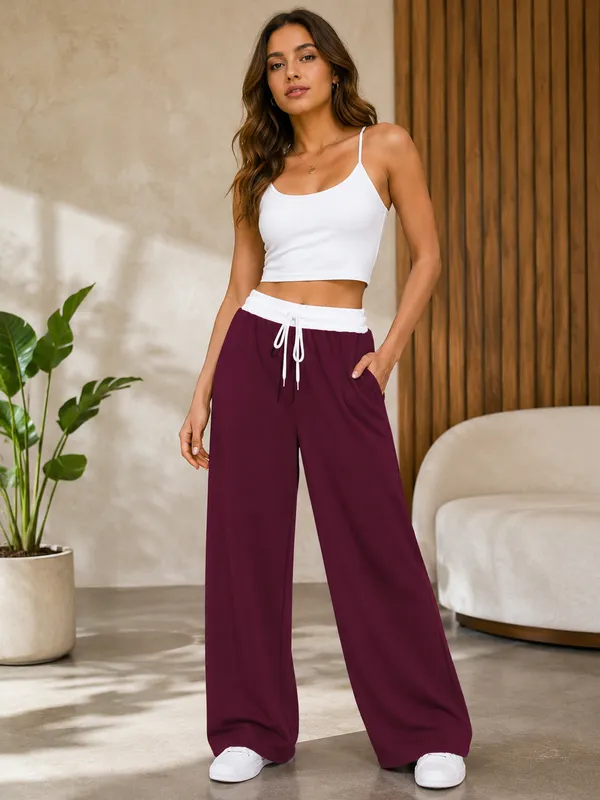 Burgundy_Polyester_Premium_Drawstring_Pants_For_Women