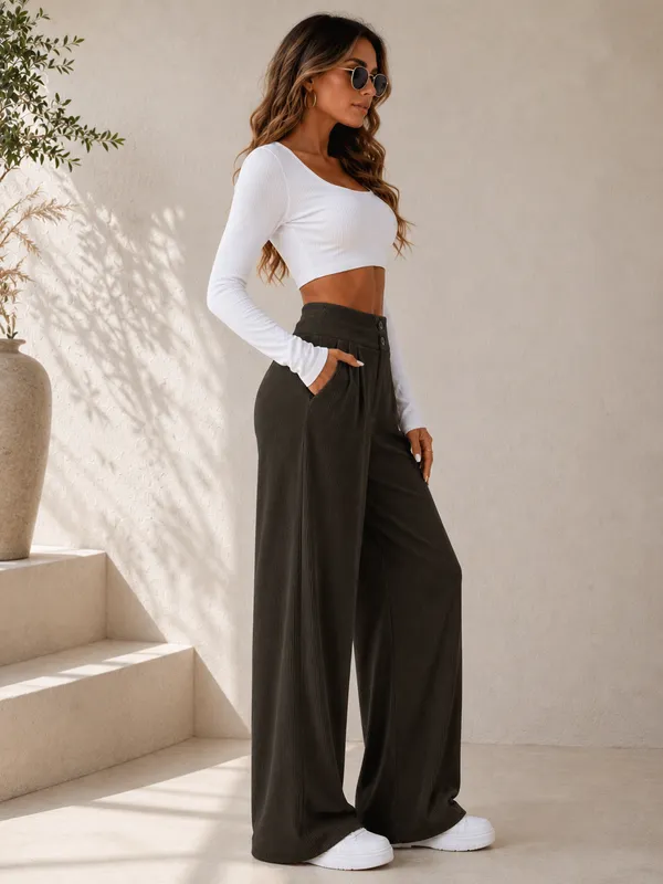 Dark_Olive_Polyester_Premium_Pants_For_Women
