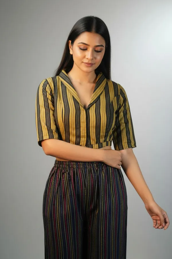 Yellow_Cotton_Striped_Flexifit_Saree_Blouse_For_Women