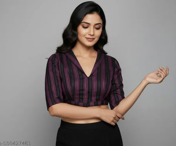 Black_And_Purple_Cotton_Striped_Flexifit_Saree_Blouse_For_Women