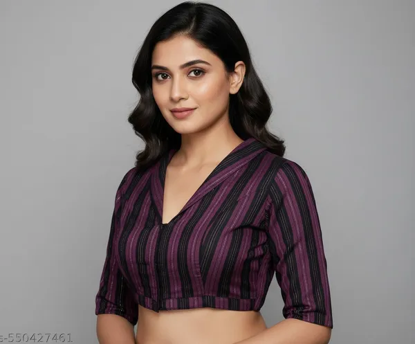 Black_And_Purple_Cotton_Striped_Flexifit_Saree_Blouse_For_Women