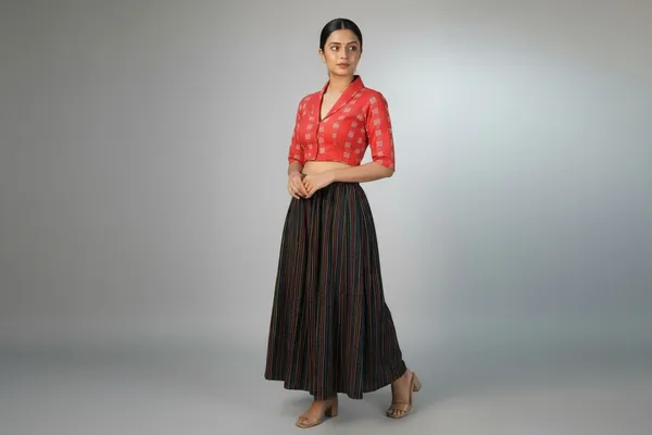 Orange_Cotton_V-Neck_Blouse_For_Women