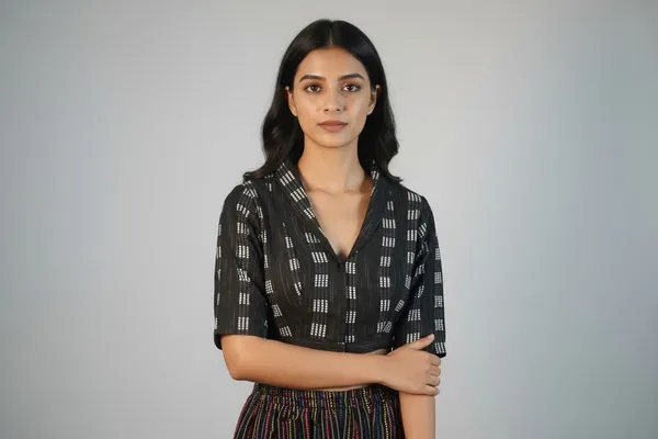 Black_Cotton_V-Neck_Blouse_For_Women