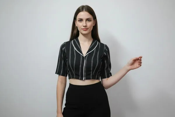 Black_And_Orange_Cotton_V-Neck_Blouse_For_Women