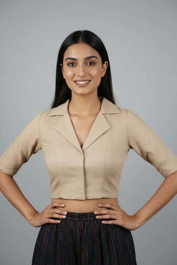 Beige_Cotton_Lapel_Collar_Smocking_Saree_Blouse_For_Women