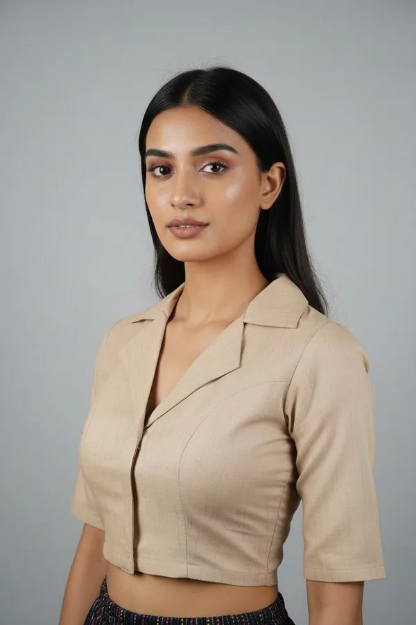 Beige_Cotton_Lapel_Collar_Smocking_Saree_Blouse_For_Women