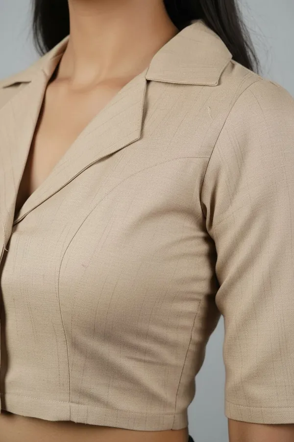Beige_Cotton_Lapel_Collar_Smocking_Saree_Blouse_For_Women