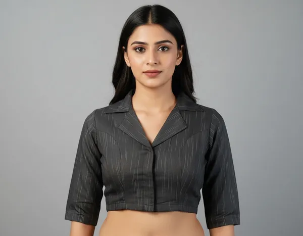 Black_Cotton_Lapel_Collar_Smocking_Saree_Blouse_For_Women