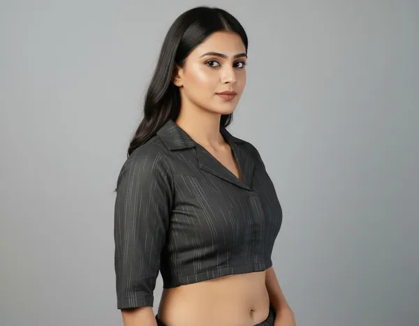 Black_Cotton_Lapel_Collar_Smocking_Saree_Blouse_For_Women