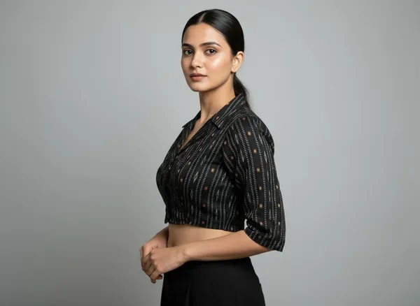 Black_Cotton_Lapel_Collar_Flexifit_Saree_Blouse_For_Women