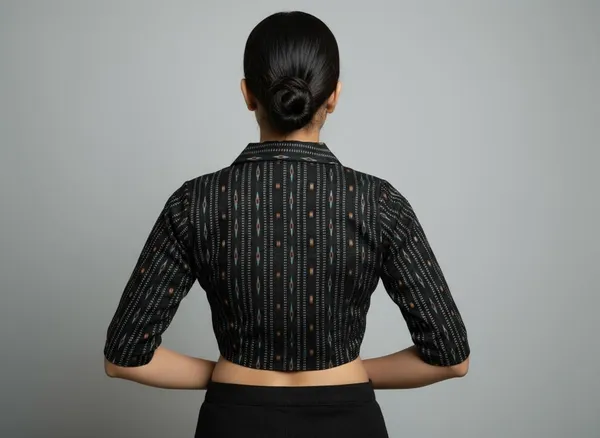 Black_Cotton_Lapel_Collar_Flexifit_Saree_Blouse_For_Women