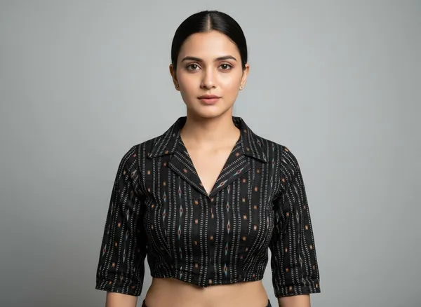 Black_Cotton_Lapel_Collar_Flexifit_Saree_Blouse_For_Women