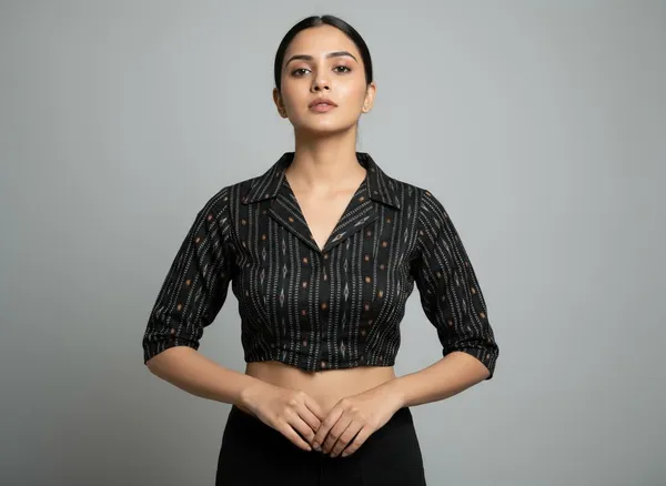 Black_Cotton_Lapel_Collar_Flexifit_Saree_Blouse_For_Women