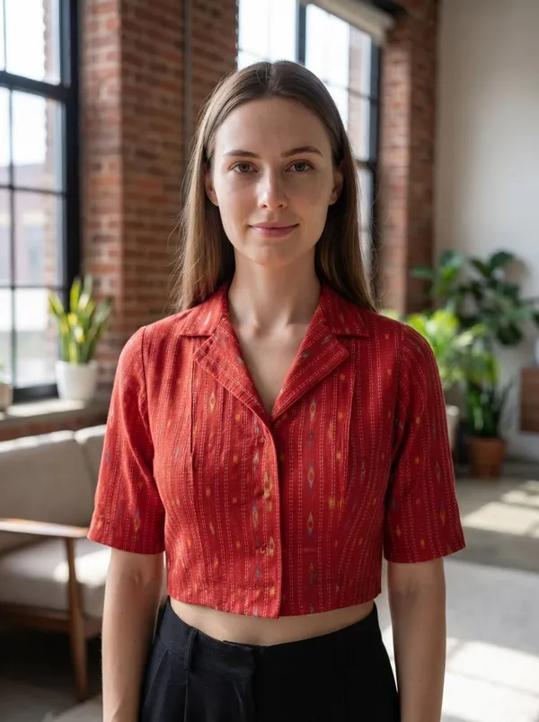 Red_Cotton_Shirt_Collar_Smocking_Stretchable_Blouse_For_Women