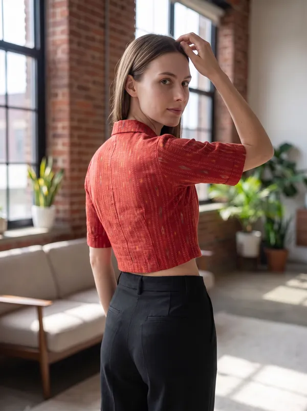 Red_Cotton_Shirt_Collar_Smocking_Stretchable_Blouse_For_Women
