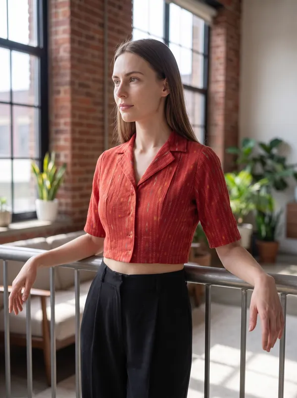 Red_Cotton_Shirt_Collar_Smocking_Stretchable_Blouse_For_Women