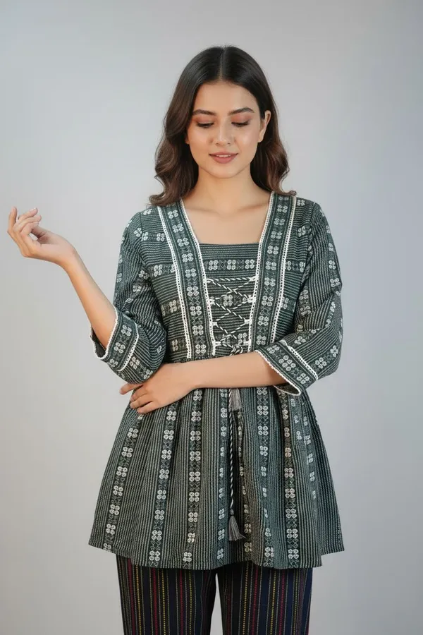 Dark_Green_Cotton_Square_Neck_Printed_Flared_Top_For_Women