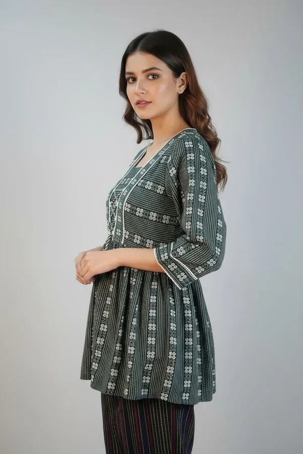 Dark_Green_Cotton_Square_Neck_Printed_Flared_Top_For_Women
