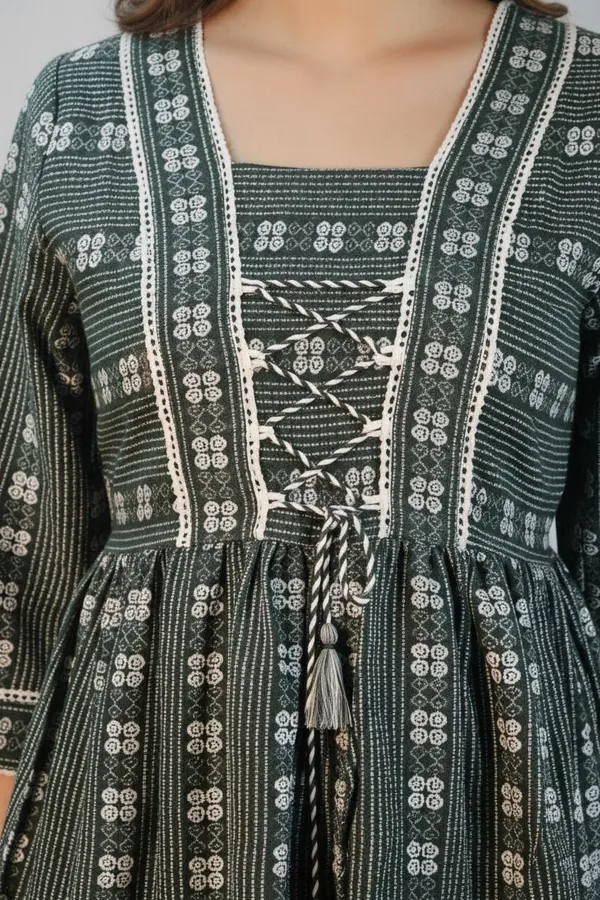 Dark_Green_Cotton_Square_Neck_Printed_Flared_Top_For_Women