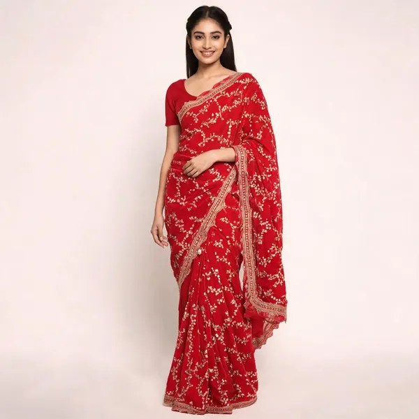 Red_Floral_Embroidered_Saree_For_Women