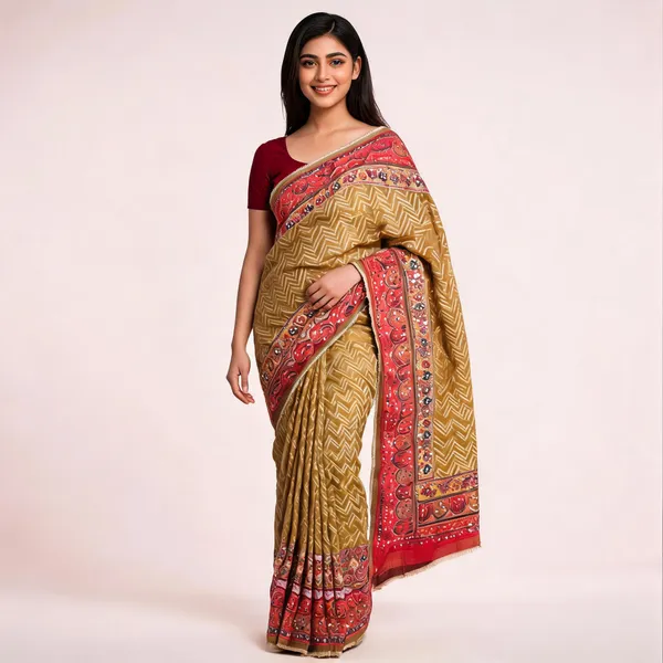 Mustard_Maroon_Chinon_Printed_Border_Saree_For_Women