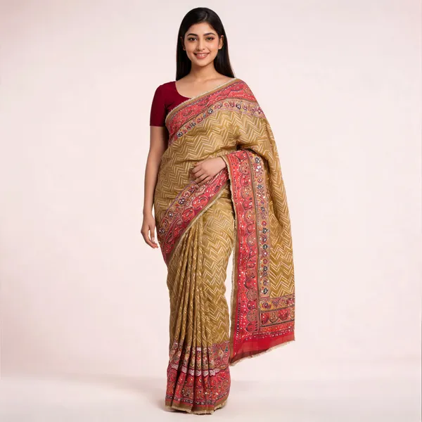 Mustard_Maroon_Chinon_Printed_Border_Saree_For_Women